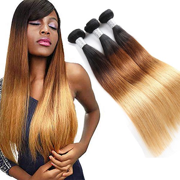 

brazilian virgin hair 1b/4/27 ombre human hair silky straight 10-28inch 1b 4 27 hair products three tones color, Black