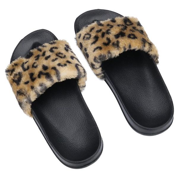 

womens leopard flip flops 2020 ladies fashion sliders leopard fluffy faux fur flat slipper flip flop sandal female beach shoes, Black