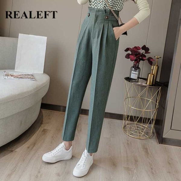 

realeft весна 2020 новый корейский стиль женщины формальные шаровары карман кнопка высокая талия элегантный офис леди лодыжки длина брюки, Black;white