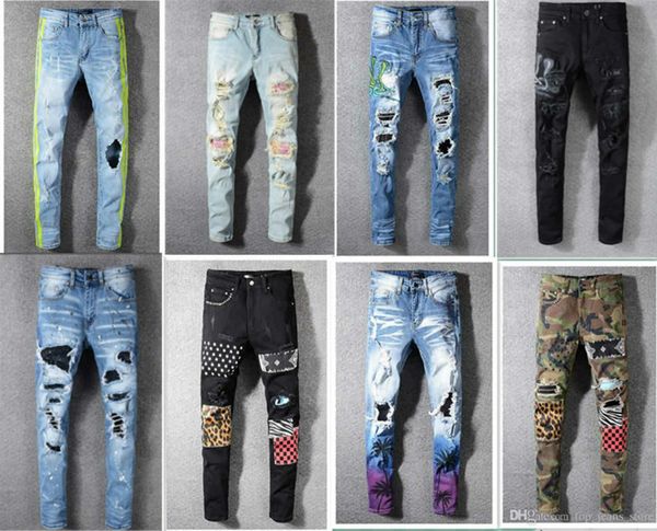 

classic mens distressed ripped biker jeans slim fit motorcycle biker denim for men fashion hip hop mens jeans good quality b500605, Blue
