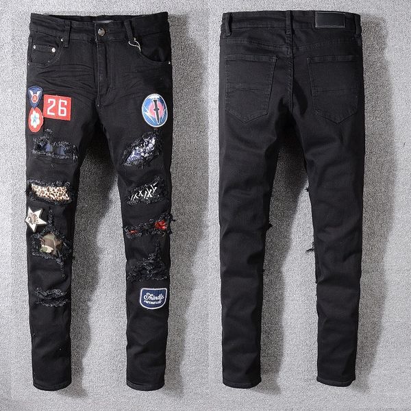 

20ss solid classic straight denim designer men's motorcycle biker jeans washed design casual white black summer skinny ripped high qual, Blue