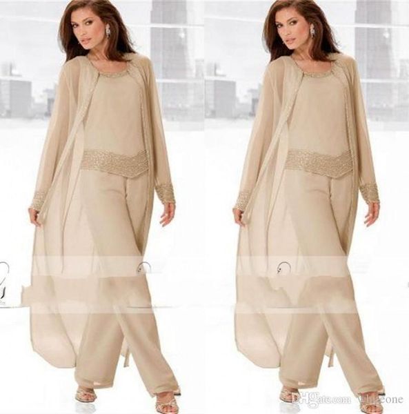 

guest dress 2019 champagne three piece mother of the bride pant suits with long jackets long sleeves beaded chiffon mother plus size wedding, Black;red