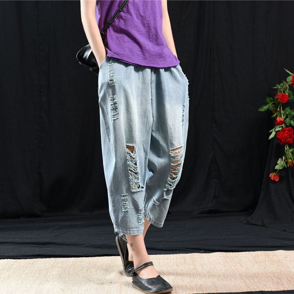 

summer jeans women retro loose streetwear denim pants new elastic waist ladies casual pocket hole vintage trousers 2019, Blue