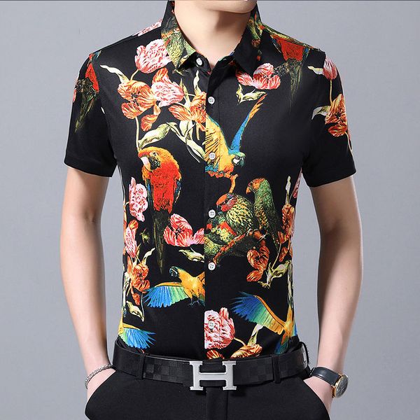 

men's hawaiian shirt short sleeve male business social shirt slim fit printed letter fashionable 2019 plus size short, White;black