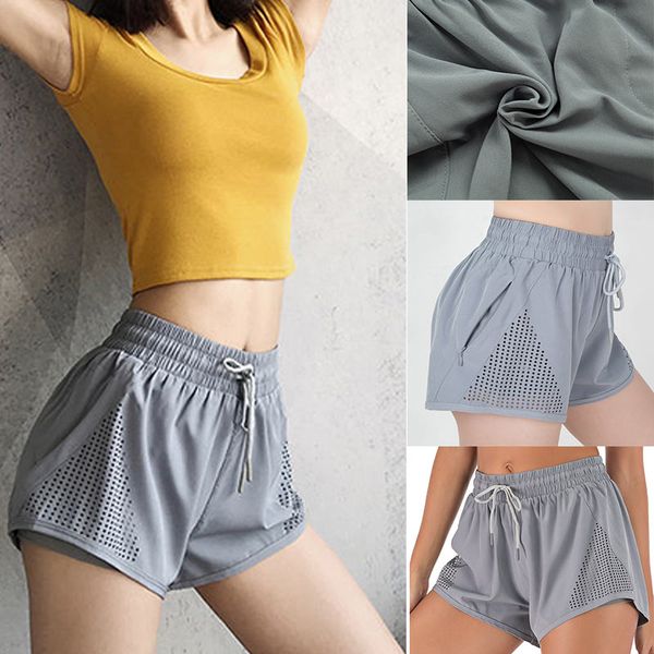 

summer women's sports shorts elastic waist side zipper side fitness running shorts with lined anti-light gray running sports, Black;blue