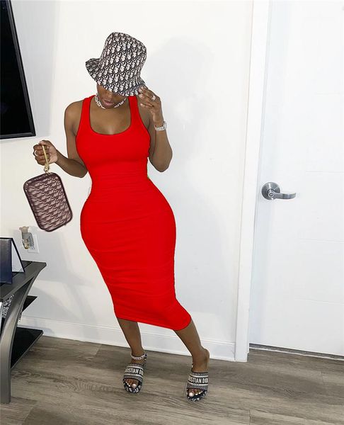 

sleeveless pleated summer womens designer dresses solid color skinny bandage backless zipper bodycon dresses scoop neck, Black;gray