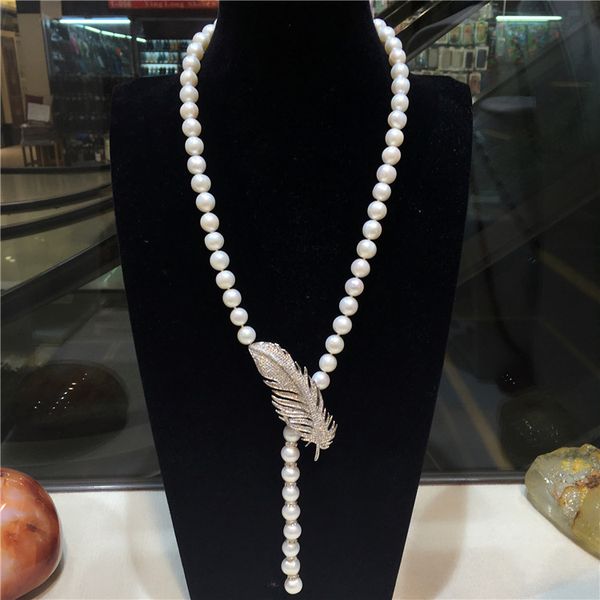 

beautiful 9-10mm white freshwater pearl micro inlay zircon leaves buckle accessories necklace long 90cm, Silver
