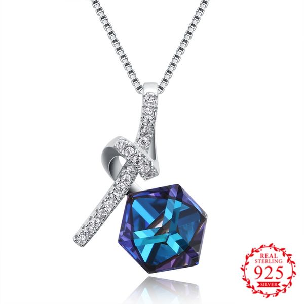 

s925 blue crystal from swarovsk elements diamond shaped new wedding jewelry 925 sterling silver love necklaces pendants gift