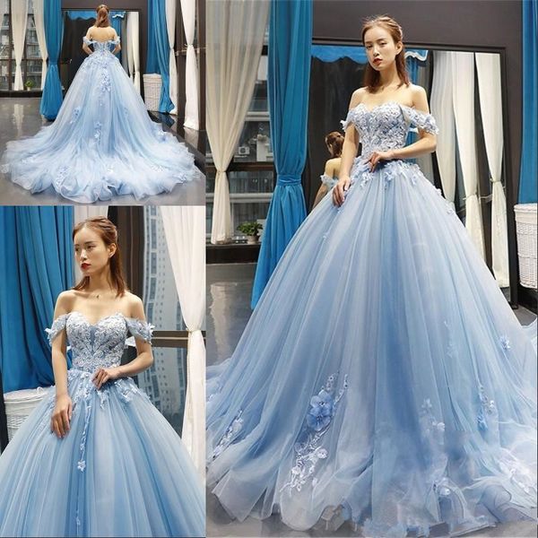 

2020 sky blue quinceanera платья сладкие 16 платья бальное платье с плеча 3d цветы аппликации пром партии мантий vestidos 165, Blue;red