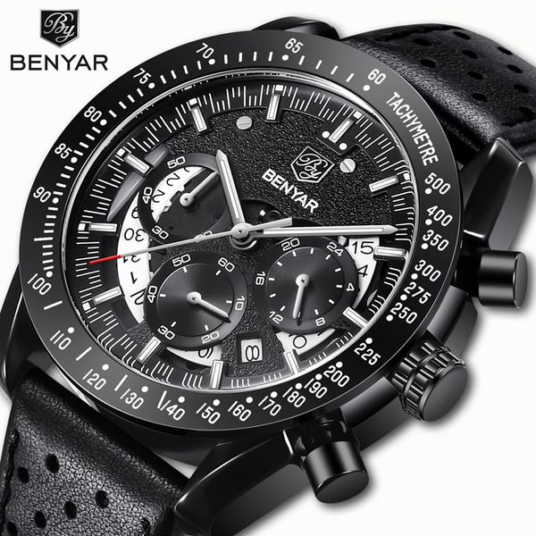 

benyar men's watches quartz watch sports watch men chronograph dial wristwatches mens watches leather erkek kol saati, Slivery;brown