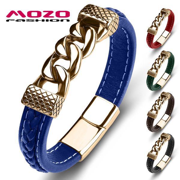 

genuine leather bracelet stainless steel charm women's fashion jewelry trendy men's bangles blue, Golden;silver