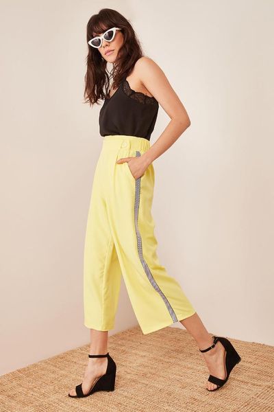 

women's yellow sides stripe pants, Black;white