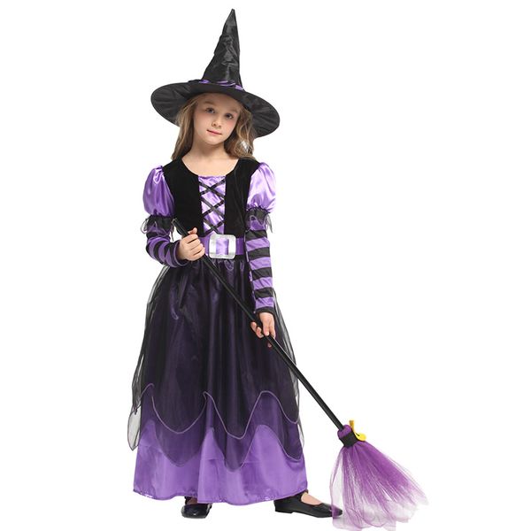 

theme costume huihonshe selling girl's witch kids dress with hat clothes for halloween cosplay party fantasia costumes, Black;red