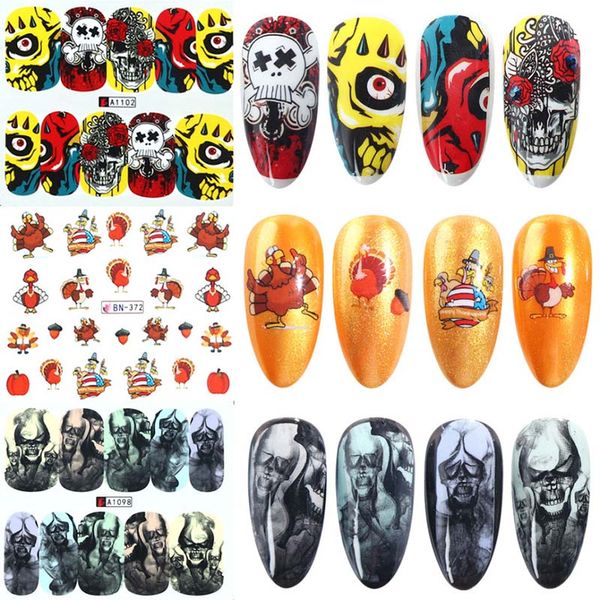 

12pcs/set halloween skull bone stickers for nails devil zombie ghost sliders for nails transfer foil nail art tattoo manicure, Black