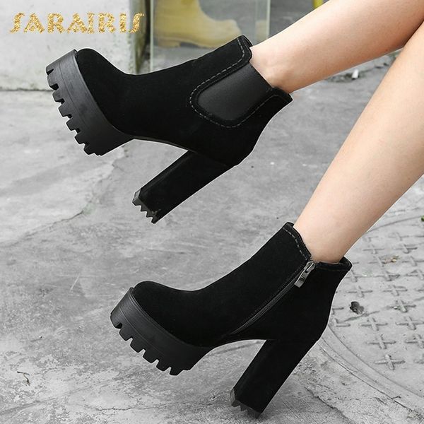 

sarairis 2018 large size 32-42 add fur winter boots woman shoes platform square heels ankle boots shoes woman, Black
