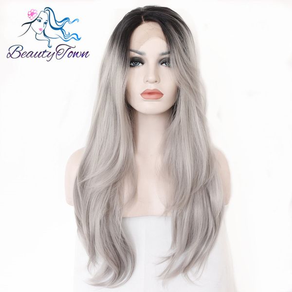 

beautytown l lace part handmade black ombre grey heat resistant hair perruque party synthetic lace front wig for women daily