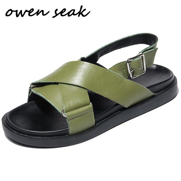 

owen seak men rome sandals genuine leather gladiator sandals summer slippers slides men, Black