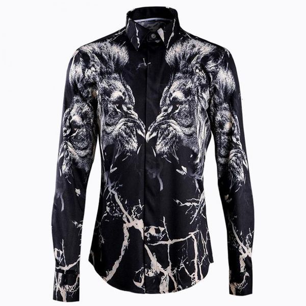 

black mens shirts luxury lion allover printing long sleeve mens dress shirts plus size 4xl slim fit casual man, White;black
