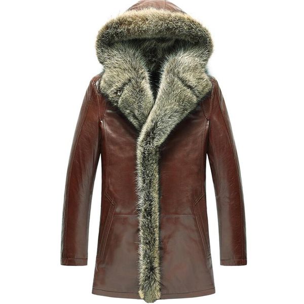 

men's fur coat shearling coats luxury raccoon fur collar hooded parka men slim sheepskin leather long outerwear tj50, Black