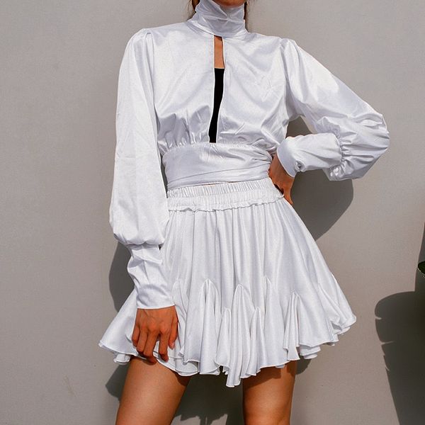 

women long sleeve blouse elegant female keyhole backless long sleeve hollow out lantern turtleneck shirt, White