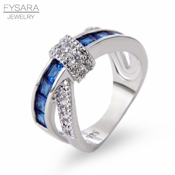 

fysara cross finger ring for women paved zircon crystals princess lady engagement wedding ring blue silver couple jewelry, Slivery;golden