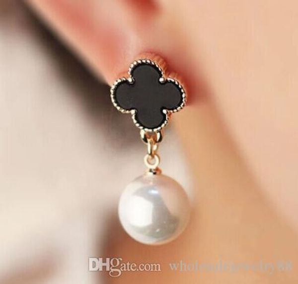 

wholesale four leaf clover enamel earrings smooth pearl dangle drop ear studs women girl party prom jewelry gift, Gray