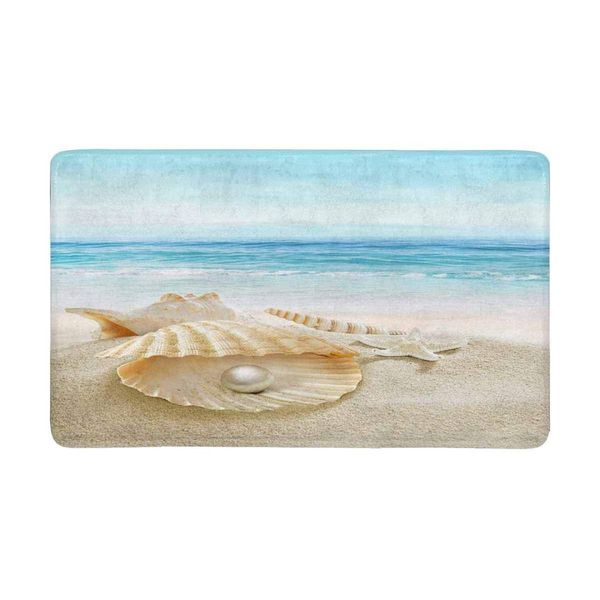 

sea shell with pearl and starfish on tropical blue indoor doormat non slip front entrance door mat rug