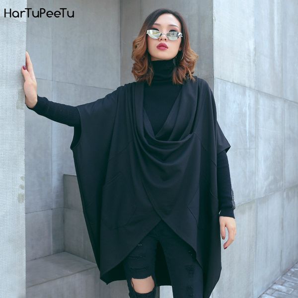 

women large size loose black t shirt darkness elegant batwing half sleeve irregular pocket coat v neck korea fashion 2020, White