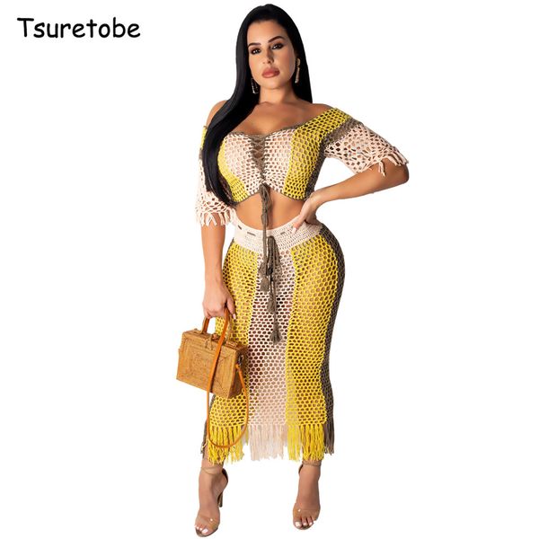 

tsuretobe perspective tassel dresses set women two pieces set slash neck mini bandage dress ladies prairie chic style, White