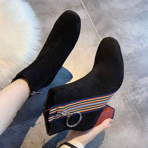 

fashion pure color socks ankle boots for women round toe zipper boots square root heels vintage women short botas mujer, Black