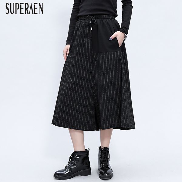 

superaen striped women wide leg pants spring new 2020 casual wild ladies pants elastic waist calf length female, Black;white