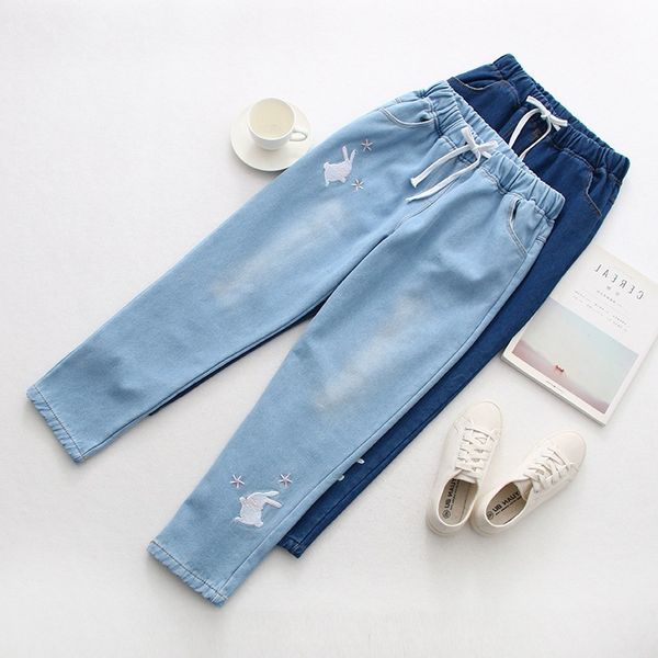 

versatile winter new style korean-style fashion casual retro elastic waist moon embroidered plus velvet cattle, Blue