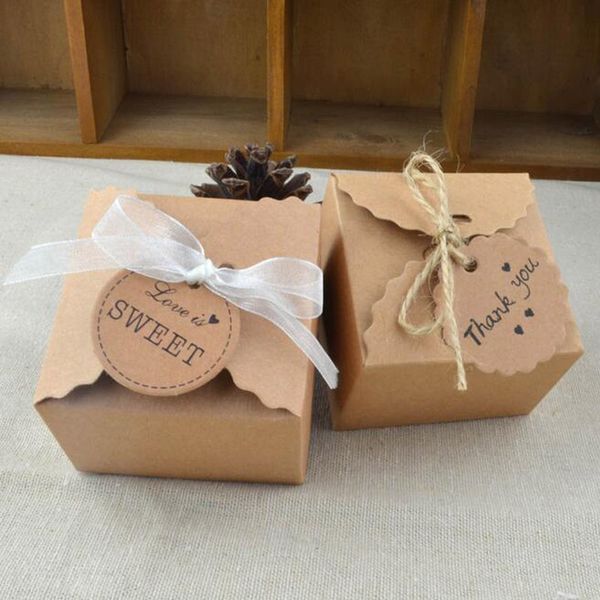 

50pcs natural brown kraft paper wedding candy box with ribbon rustic decor vintage wedding decoration gifts for guests