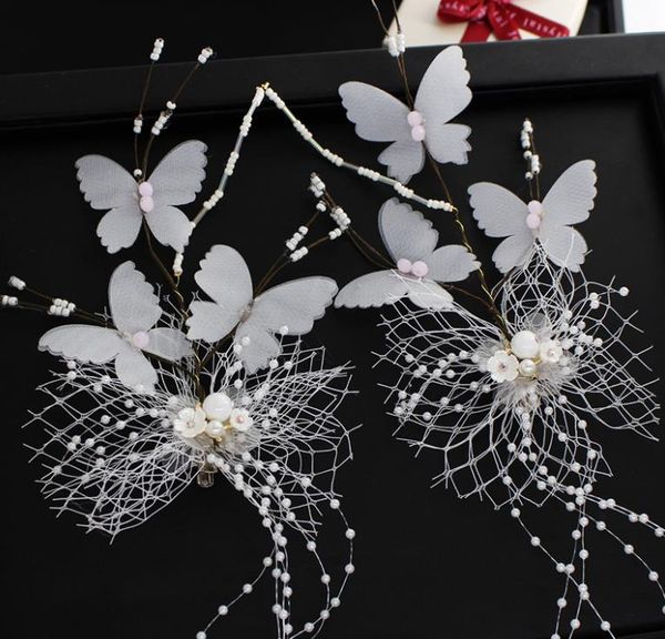 Korean White Simple Bride Hairpin Handmade Beaded Butterfly Hair