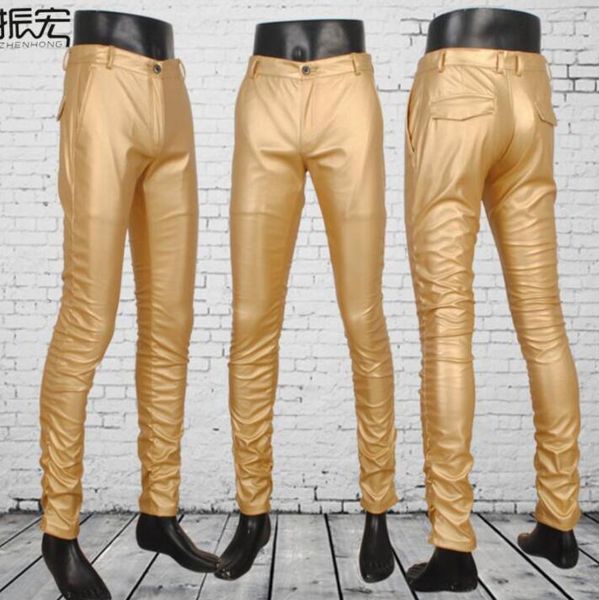 

gold silver motorcycle faux leather pants mens feet pants fashion glossy pu trousers for men personality pantalon homme, Black