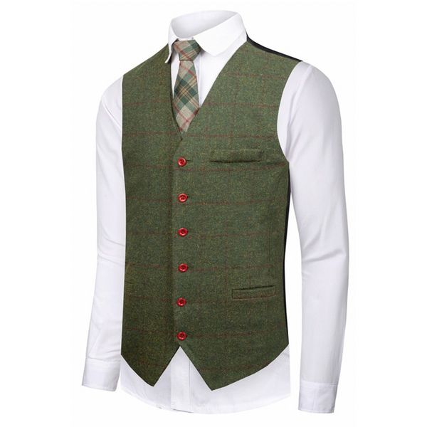 Gilet da sposo verde di vendita calda Gilet di tweed scozzese di lana Gilet da uomo slim fit su misura Gilet da sposa da ballo