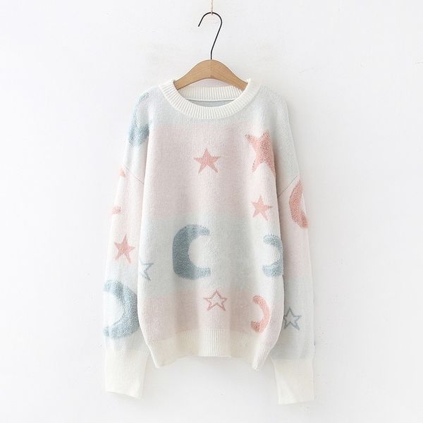 

2019 sweet style autumn winter loose lazy sweaters women fashion o neck moon embroidered bottom knit pullovers female chic, White;black