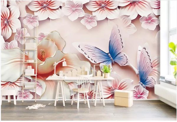 Maßgeschneiderte 3D-Fototapete im großen Maßstab, geprägte Blumenwandbilder, Schmetterling, verträumter Hintergrund, Tapeten, Heimdekoration