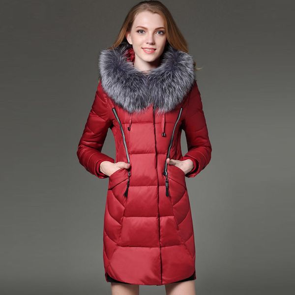 

winter fall fashion womens slim fur collar wine red black 90% duck feather down coat with a hood , warm hooded coats for women