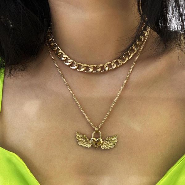 

double layer lock chain necklace grunge punk 90s link chain gold wing padlock pendant necklace women aesthetic egirl jewelry, Golden;silver