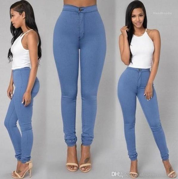 

pencil pants candy colors skinny womens jeans zipper washed high waist womens trousers casual, Blue