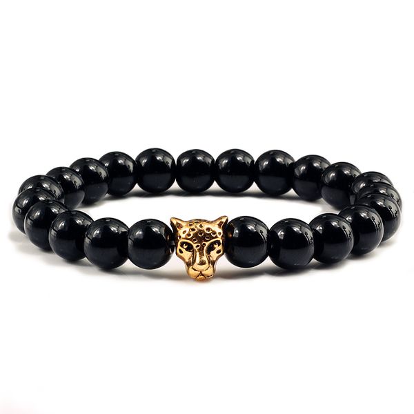 

trendy gold silver leopard head men bracelets black bright natural stone turquoises bracelet yoga bangles homme jewelry