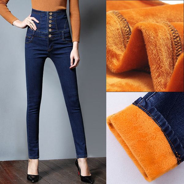 

chsdcsi high waist velvet jeans woman winter trousers warm stretch skinny jeans plus size pants women black blue denim