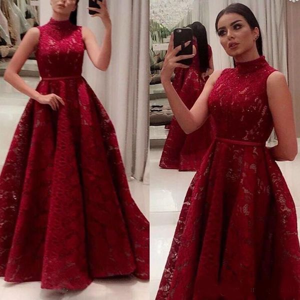 

saudi arabic dubai burgundy prom dresses 2020 high neck a line lace evening gowns with belt women pageant red carpet gowns, Black