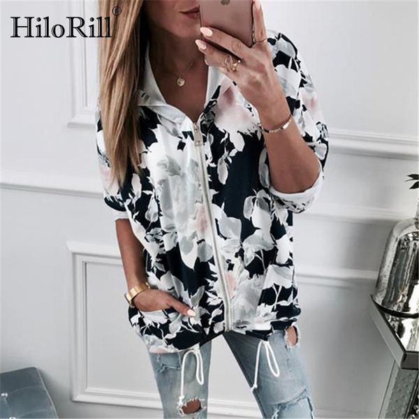 

female sweatshirts 2019 autumn winter fashion floral print womens hoodie long sleeve zipper hooded sweatshirt casual outerwear, Black