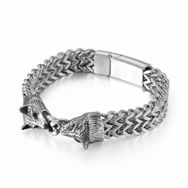 

stainless steel linking chain bracelet for men 22cm animal wolf charm mesh chain armband bangle male jewelry, Golden;silver