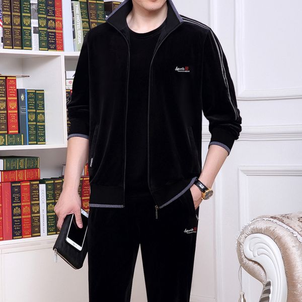 

3pcs velvet sport suit men sportswear spring casual clothes jacket+sweatshirt+pant running jogger fitness athletic set tracksuit, Black;blue