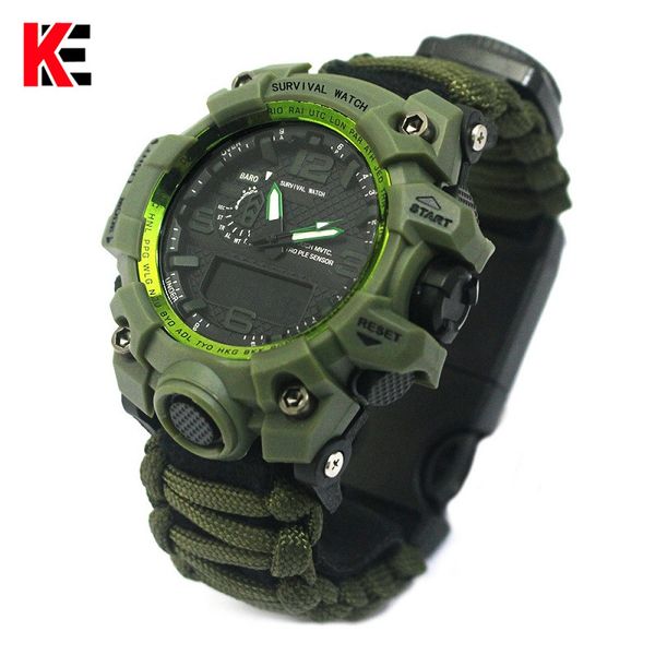 

edc outdoor survival watch multifunctional paracord watch bracelet with compass whistle thermometer rescue rope survival kit