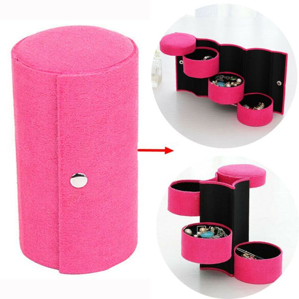 

2020 new creative fabric 3 layers jewelry display box cylinder shape organizer flannel round portable travel storage case, Pink;blue