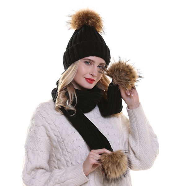 

2019 new real pompom hat women winter hat and scarf set warm knitted cotton beanies for ladies girls beanie cap, Blue;gray
